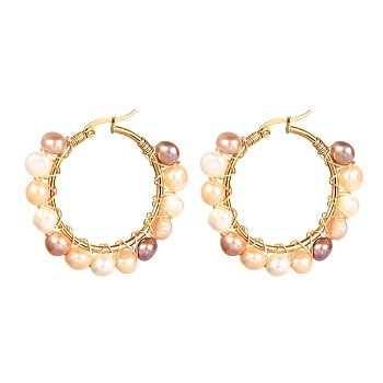 Vintage Natural Pearl Beads Earrings for Girl Women, 304 Stainless Steel Hoop Earrings, Golden, White, 42x47x8mm, Pin: 0.8mm