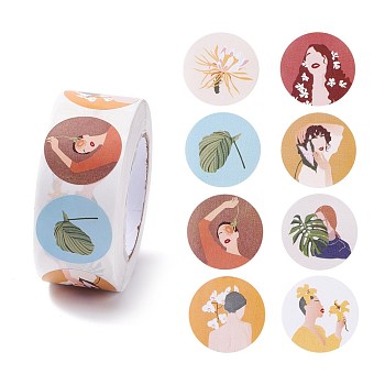 Cartoon Paper Stickers, Self Adhesive Roll Sticker Labels, for Envelopes, Bubble Mailers and Bags, Flat Round with Abstract Pattern, Women Pattern, 2.5x0.01cm, 500pcs/color