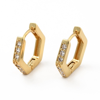 Clear Cubic Zirconia Hexagon Hoop Earrings, Brass Jewelry for Women, Real 18K Gold Plated, 12x13.5x2mm, Pin: 0.8mm