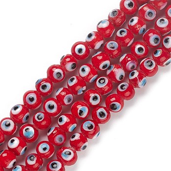 Handmade Evil Eye Lampwork Bead Strands, Round, Red, 8~8.5x7.5~8.5mm, Hole: 1.6mm, about 50pcs/strand, 13.98~14.25''(35.5~36.2cm)