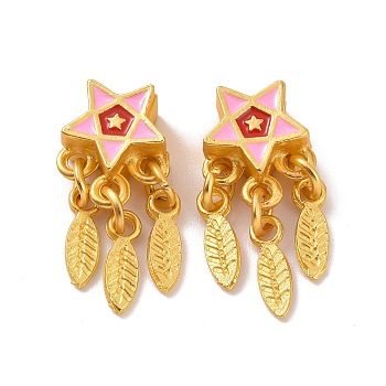 Alloy Pendants, with Enamel, Star and Feather, Matte Gold Color, Pink, 23mm, Hole: 3mm