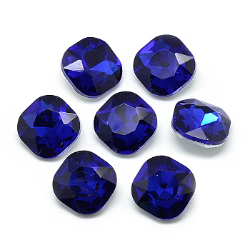 Pointed Back Glass Rhinestone Cabochons, Faceted, Back Plated, Square, Royal Blue, 10x10x4.5mm