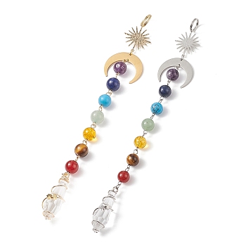 7 Chakra Gemstone Beaded Pendant Decorations, Glass Bullet Shape Suncatchers, with 201 Stainless Steel Moon, Brass Sun, Platinum & Golden, 210mm, 2pcs/set