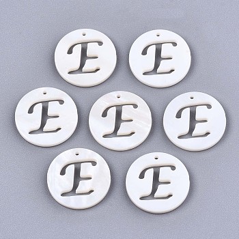 Natural Freshwater Shell Charms, Flat Round with Hollow Out Letter, Letter.E, 14.5x1.5mm, Hole: 0.9mm