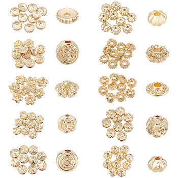 100Pcs 10 Style Rack Plating Alloy Beads, Long-Lasting Plated, Flower & Flat Round & Disc & Rondelle & Pumpkin, Real 14K Gold Plated, 5.5~7x5.5~6.5x1.5~4.5mm, Hole: 1~2.1mm, 10pcs/style
