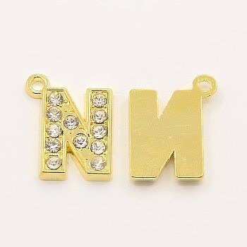 Alloy Rhinestone Pendants, Letter N, Golden, 17x13x2mm, Hole: 2mm