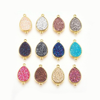 Brass Links connectors, with Druzy Resin, teardrop, Golden, Mixed Color, 22x13x4~5mm, Hole: 1mm