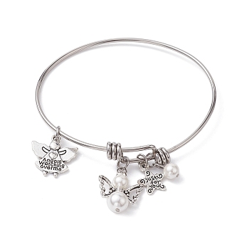 304 Stainless Steel Expandable Bangle, Lucky Angel Fairy Shell Pearl & Alloy Charms Bangle, Antique Silver, Inner Diameter: 2-1/8~2-1/4x2-1/2~2-1/2 inch(5.5~57x6.3~6.5cm)