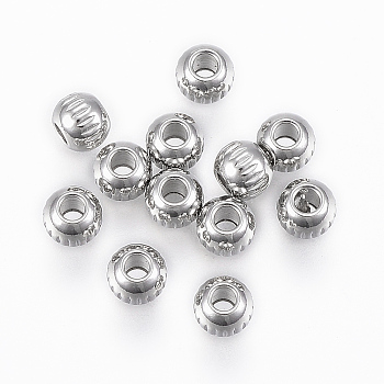 201 Stainless Steel Beads, Round with Vertical Stripes, Stainless Steel Color, 4x3mm, Hole: 1.2mm