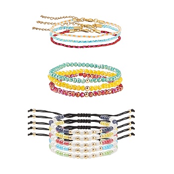 Adjustable Nylon Cord Braided Bead Bracelets, with Glass Stretch Beaded Bracelets & Cotton Braided Cord Bracelet Sets, Mixed Color, Inner Diameter: 2-3/8~3-3/4 inch(5.9~9.4cm), 11pcs/set