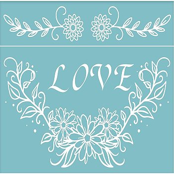 Self-Adhesive Silk Screen Printing Stencil, for Painting on Wood, DIY Decoration T-Shirt Fabric, Flower with Word Love, Sky Blue, 22x28cm