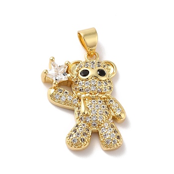 Rack Plating Brass Micro Pave Cubic Zirconia Pendants, Cadmium Free & Lead Free, Real 18K Gold Plated, Bear with Star, Clear, 22x17x4.5mm, Hole: 4.2x3.5mm
