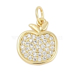 Rack Plating Brass Pendants, Apple Charms, with Cubic Zirconia, Long-Lasting Plated, Lead Free & Cadmium Free, with Jump Ring, Real 18K Gold Plated, 13.5x11.5x1.5mm, Hole: 3mm(KK-Q028-02G)