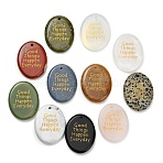 Natural & Synthetic Mixed Stone Pendants, Flat Oval Charms with Gold Word Good Things Happen Everday, Mixed Dyed and Undyed, 44.5~45x35x7mm, Hole: 2.5mm(G-K353-06)