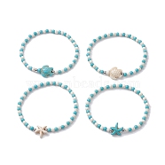 4Pcs 4 Style Dyed Synthetic Turquoise Starfish & Turtle Beaded Stretch Bracelets Set for Women, Mixed Color, Inner Diameter: 2-1/4 inch(5.7cm), 1Pc/style(BJEW-JB09337)