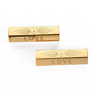 304 Stainless Steel Beads, with Rhinestone, Hexagonal Prism with Word Love, Real 14K Gold Plated, 25.5x9x8mm, Hole: 1.6mm(STAS-S116-289G)