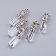 Glass Big Pointed Pendants, with Alloy Findings, Faceted, Bullet, Platinum, 59~60x11~12mm, Hole: 4x7mm(G-G738-B-01)
