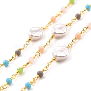 Handmade Brass Link Chains, with Round Beads, Long-Lasting Plated, Soldered, with Spool, Beads with Glass, Imitation Pearl, Golden, 24x10x6mm(CHC-M022-11G)