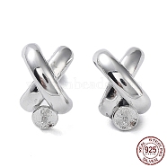 Rhodium Plated 925 Sterling Silver Stud Earring Findings, for Half Drilled Pearl Beads, Criss-Cross, Real Platinum Plated, 12.5x7.7mm, Pin: 0.7mm & 0.8mm(STER-G036-08P)