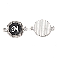 Alloy Enamel Links Connectors, with Crystal Rhinestones, Flat Round with Letter, Silver Color Plated, Letter.M, 22x16x2mm, Hole: 1.8mm(ENAM-TAC0003-01S-02M)