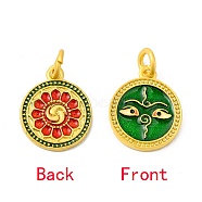 Rack Plating Alloy Enamel Pendants with Jump Ring, Double Side Pattern Flat Round Charms, Matte Gold Color, Green, 16x13x1.8mm, Jump Ring: 6x1mm, 4mm Inner Diameter(ENAM-M048-27MG-C)