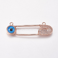 Brass Micro Pave Cubic Zirconia Pendants, with Resin, Safety Pin Shape Shape, Rose Gold, 39x12x5mm, Hole: 1.5mm(ZIRC-K074-18-01RG)