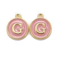 Golden Plated Alloy Enamel Charms, Cadmium Free & Lead Free, Enamelled Sequins, Flat Round with Letter, Pink, Letter.G, 14x12x2mm, Hole: 1.5mm(X-ENAM-S118-07G)