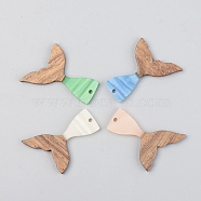 Opaque Resin & Walnut Wood Pendants, Mermaid Fishtail Shape, Mixed Color, 39x28x3mm, Hole: 2mm(RESI-S389-032A-C)