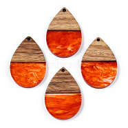 Transparent Resin & Walnut Wood Pendants, Teardrop Charms, Orange Red, 36x24.5x3.5mm, Hole: 2mm(RESI-N039-25G)