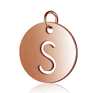 304 Stainless Steel Charms, Flat Round with Letter, Rose Gold, Letter.S, 12x1mm, Hole: 2.5mm(STAS-S105-T514R-S)