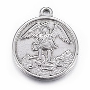 304 Stainless Steel Pendants, Flat Round with Archangel Michael, Stainless Steel Color, 24x20.5x3mm, Hole: 2mm(STAS-P218-09)