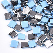 Electroplate Opaque Glass Seed Beads, 2-Hole, Rectangle, Black Plated, Light Sky Blue, 5x4.5~5.5x2~2.5mm, Hole: 0.5~0.8mm(SEED-S023-18C-03B)