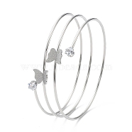 304 Stainless Steel Triple Loops Wire Wrap Bangle, Butterfly Clear Cubic Zirconia Cuff Bangle, Stainless Steel Color, Inner Diameter: 2-1/2 inch(6.25cm)(BJEW-K227-01P)