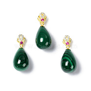 Natural Malachite Pendants, Teardrop Charms, with Golden Plated 925 Sterling Rhinestone Clasps, 18.5x10mm, Hole: 4.3x1.6mm(G-C033-03G)