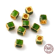 Matte Gold Color 925 Sterling Silver Beads, with Enamel, Square, Dark Green, 3x2.5x2.5mm, Hole: 1.4mm(STER-M113-23A-02MG)