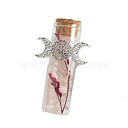 Natural Rose Quartz Chip Healing Crystals Wishing Bottles with Alloy Triple Moon Decor, Wicca Gem Stones for Energy Balancing Meditation Therapy, 85mm(PW-WGD8D42-05)