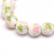 Handmade Flower Printed Porcelain Ceramic Beads Strands, Round, Pale Green, 10mm, Hole: 2mm, about 35pcs/strand, 13.5 inch(PORC-M007-10mm-07)