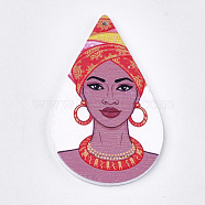 Printed Wooden Big Pendants, Dyed, Teardrop with Women, Colorful, 59x36x2.5mm, Hole: 1.5mm(X-WOOD-S051-04D)