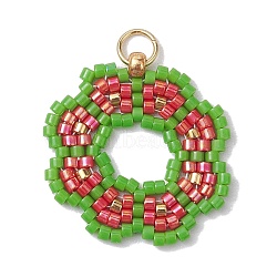 Handmade Seed Beads Pendants, with Elastic Thread, Loom Pattern, Flower, Light Green, 23x22x3mm, Hole: 3.4mm(PALLOY-MZ00205-04)