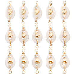 15Pcs 3 Styles Natural Cowrie Shell & Shell Pearl Links, Shell Shaped Connector Charms with Brass Heart/Star/Moon Beads, Snow, 32~35.5x13~15.5x9.5~11.5mm, Hole: 3~3.5mm, 5pcs/style(PALLOY-GO00045)
