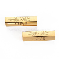 304 Stainless Steel Beads, with Rhinestone, Hexagonal Prism with Word Love, Real 14K Gold Plated, 25.5x9x8mm, Hole: 1.6mm(STAS-S116-289G)