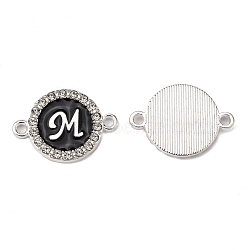 Alloy Enamel Links Connectors, with Crystal Rhinestones, Flat Round with Letter, Silver Color Plated, Letter.M, 22x16x2mm, Hole: 1.8mm(ENAM-TAC0003-01S-02M)