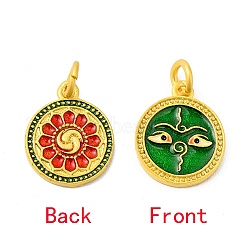 Rack Plating Alloy Enamel Pendants with Jump Ring, Double Side Pattern Flat Round Charms, Matte Gold Color, Green, 16x13x1.8mm, Jump Ring: 6x1mm, 4mm Inner Diameter(ENAM-M048-27MG-C)