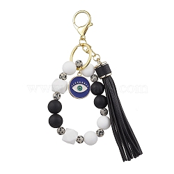 Silicone & Natural Dalmatian Jasper Beaded Bracelet Wristlet Keychain, Imitation Leather Tassel & Flat Round with Evil Eye Alloy Enamel Keychain, Golden, 17cm(KEYC-JKC00994)