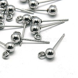 304 Stainless Steel Stud Earring Findings, Ball Post Earring Studs, with Loop, Stainless Steel Color, 15x7x4mm, Hole: 1.7~2mm, Pin: 0.8mm(X-STAS-E026-3)