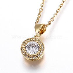 304 Stainless Steel Pendant Necklaces, with Cubic Zirconia, Flat Round, Clear, Golden, 17.5 inch(44.8cm), Pendant: 12x9.5x4mm(NJEW-O108-27G)