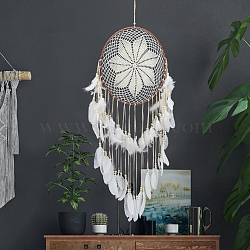 Woven Web/Net with Feather Wall Hanging Decorations, with Iron Ring and Wood Bead, for Home Bedroom Decorations, White, 1180mm(PW-WG47321-01)