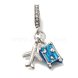 Rack Plating Alloy Enamel European Dangle Charms, Suitcase & Airplane Large Hole Pendants with Crystal Rhinestone, Lead Free & Cadmium Free, Platinum, Deep Sky Blue, 27mm, Hole: 5mm(FIND-H005-38P)