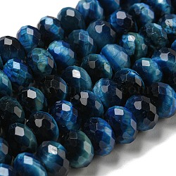 Natural Tiger Eye Beads Strands, Faceted, Dyed, Rondelle, Blue, 9.5~10x6.5~7mm, Hole: 1.2mm, about 58~59pcs/strand, 15.31''~15.43''(38.9~39.2cm)(G-K351-B06-04)