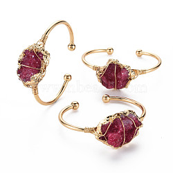 Natural Raw Crystal Agate Cuff Bangle, Brass Open Bangle, Wrapped Irregular Gemstone Jewelry for Women, Light Gold, Medium Violet Red, Inner Diameter: 2-1/8 inch(5.5~5.6cm)(BJEW-N016-001B)